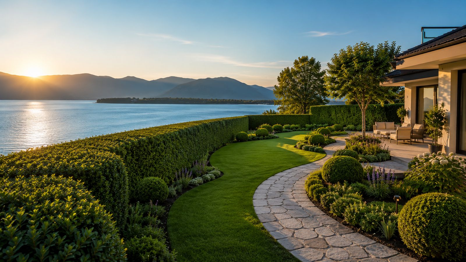 Gepflegter Garten mit Hecke und Blick auf den Attersee